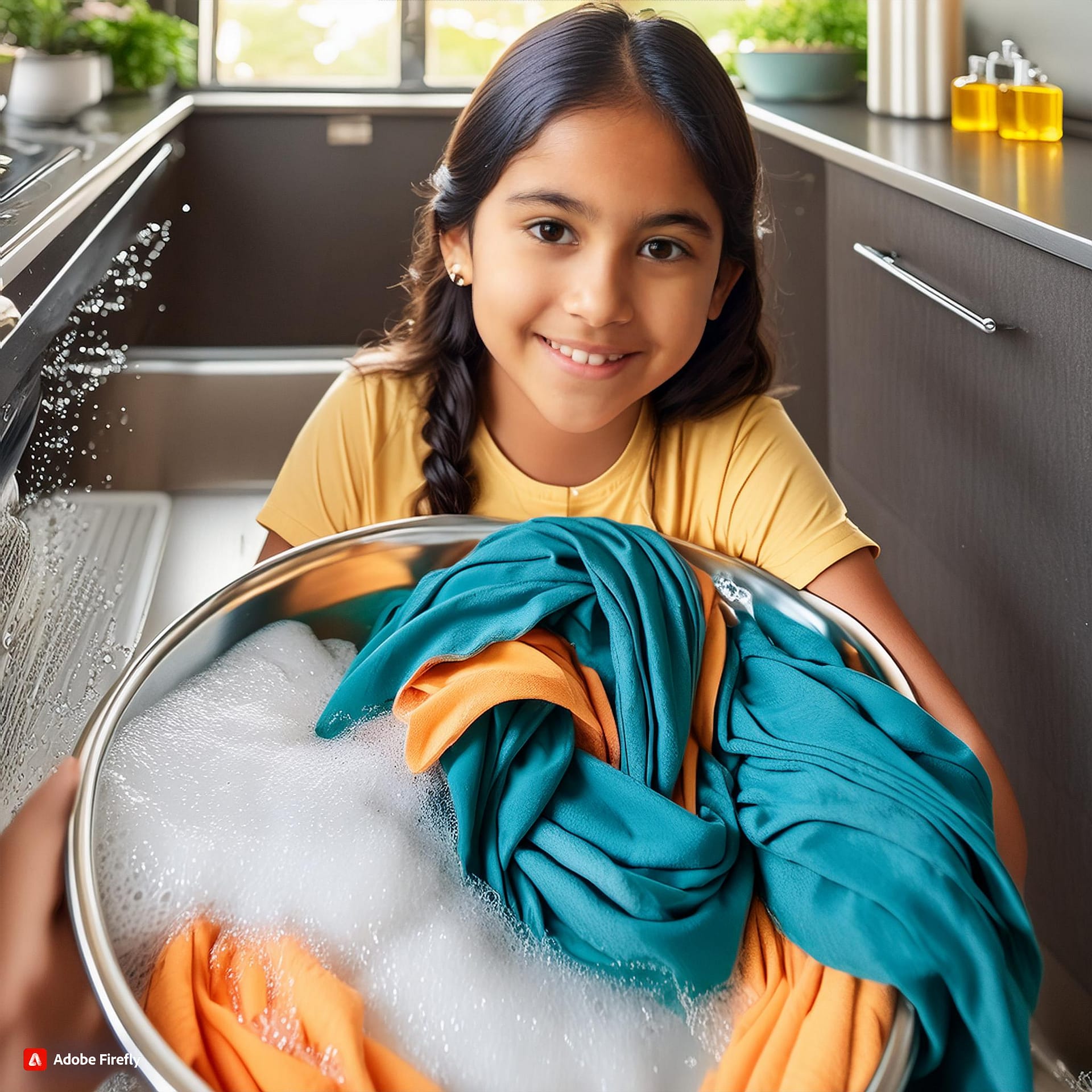 a image of a girl washing silk scarf in a sink fill with soap water, how to wash silk scarf, how to clean silk scarf